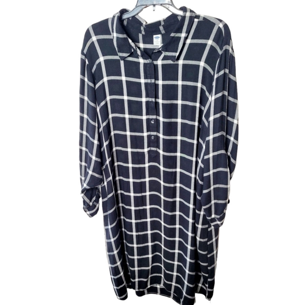 Old Navy Black and White Window Pane Plaid Flannel Dress With Belt Plus Size 3X